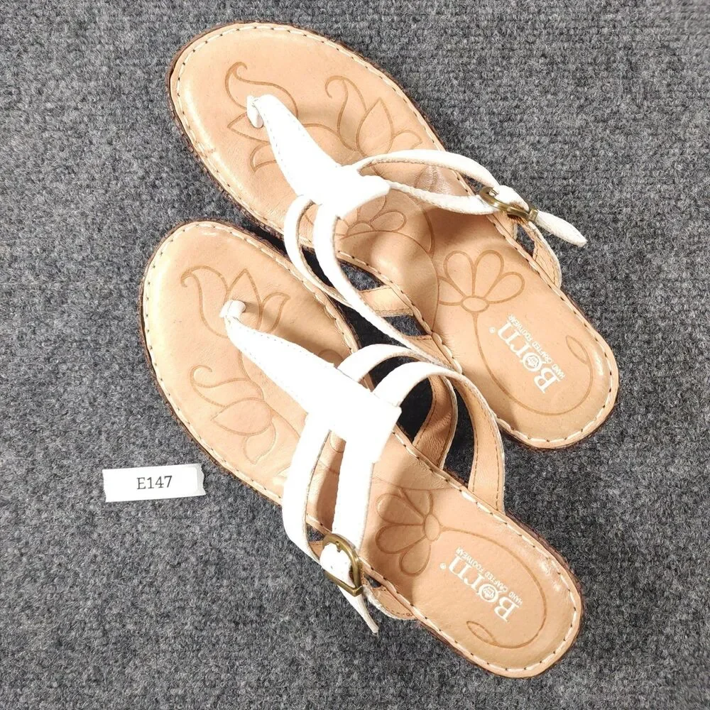 Born Iris White Leather Wedge Thong Sandal Womens Size 7 Buckle Strap - Picture 10 of 10